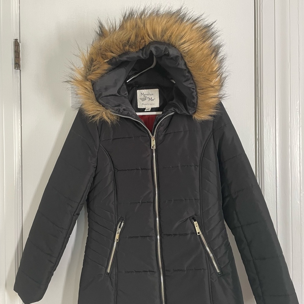 Maralyn & Me Black Puffer Jacket with Fur-Trimmed Hood